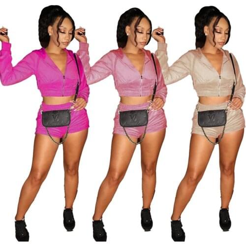 Echoine Autumn Velvet Two Piece Set Solid Color Hooded Zipper Long Sleeve Short Crop Tops Coat Shorts Woman Casual Sport Outfits