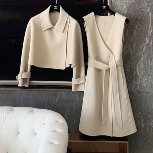 Women 2021 Autumn Winter New Fashion Elegant Wool Short Jacket +Sleeveless Vest Dress Suit Female Casual Coat 2 Piece Set C396