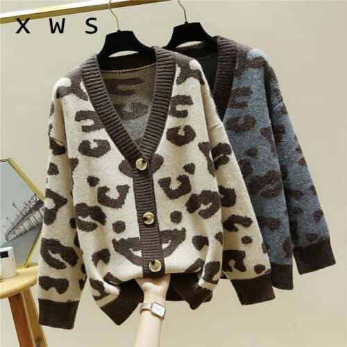 Women Fashion Long sleeve Sweater and Cardigans Open Stitch Leopard Casual Cardigans Oversized Knit Jacket Out Coat 2020