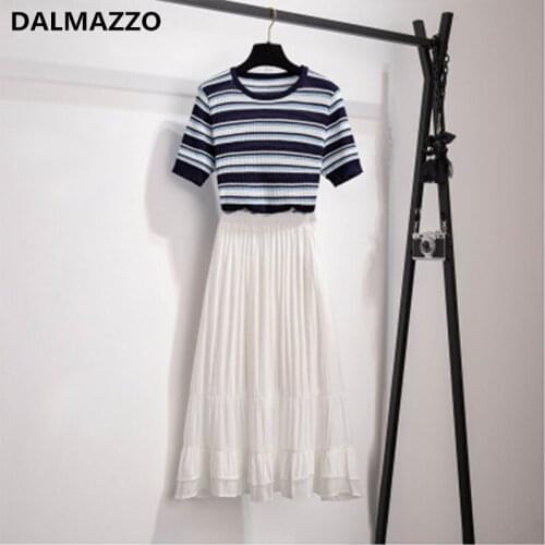 DALMAZZO 2021 Summer Lady Retro Knitted Striped Short T Shirt Tops + Long Chiffon Skirt Suits 2 Pieces Set for Women