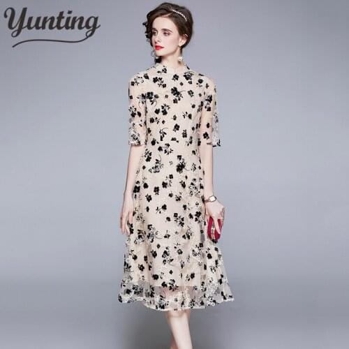 2021 New Spring Autumn Vintage floral short sleeve Woman Vestido Mesh Dresses for Women