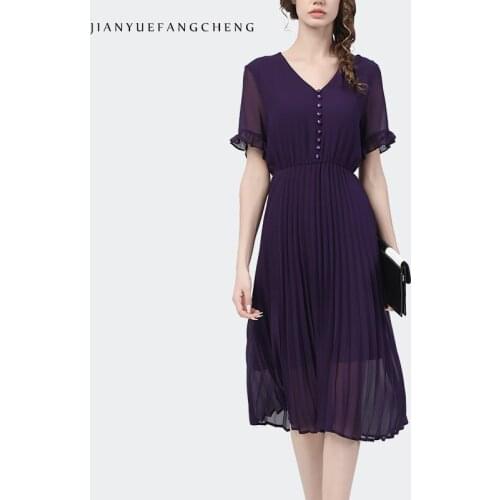 Fashion Womens Summer High Waist A-line Purple Chiffon Maxi Dress V-Neck Short Sleeve Elegant Pleated Waisted Slim Long Dresses