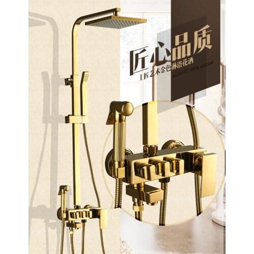 Golden 4-step square shower suit household copper bathroom bathroom cold and hot shower high pressure sprinkler