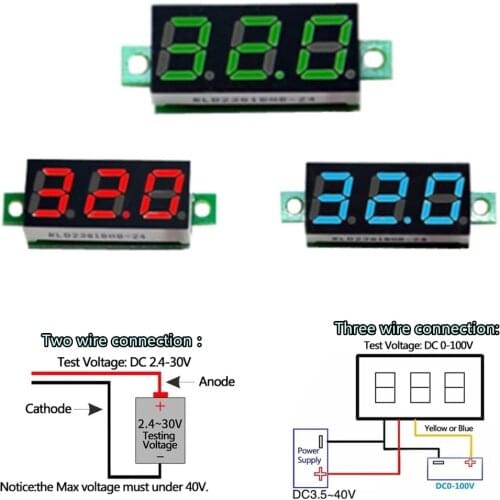 0.28 Inch DC 2.5V-32V 0-100V LED Red Blue Digital Voltmeter Voltage Meter Auto Car Mobile Power Voltage Tester Detector 12V 24V