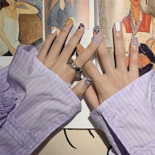 American colorful Leopard pattern fake nails Japanese short size cute false nails french 24pcs with glue lady full nail tips