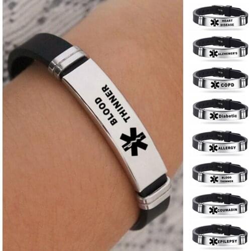 Stainless Steel Medical Alert ID Silicone Bracelet Bangle Wristband Adjustable Epilepsy Alzheimers Unisex Jewelry Bracele