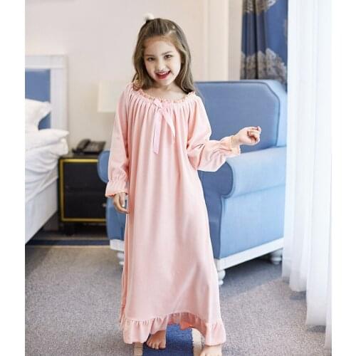 Retail 2-12 Years Long-sleeves Flannel Childrens Home Wear Nightdress Girl Kids Pajamas Spring Warm Nightgowns Dress for Girls