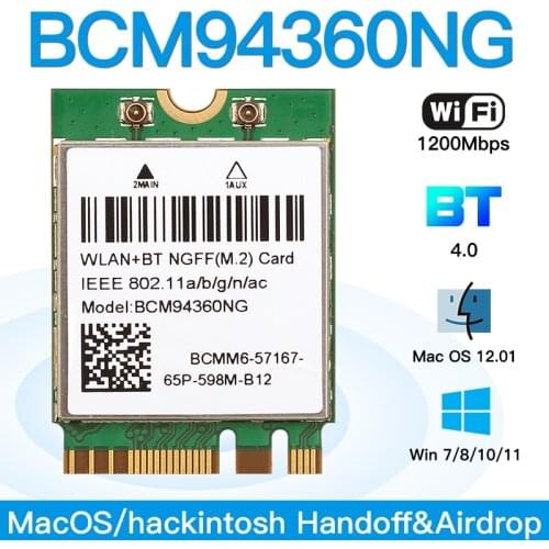 1200Mbps Dual Band Wireless Hackintosh MacOS BCM94360NG Bluetooth-compatible 4.0 NGFF M.2 WiFi Card 802.11AC Wlan Adapter DW1560