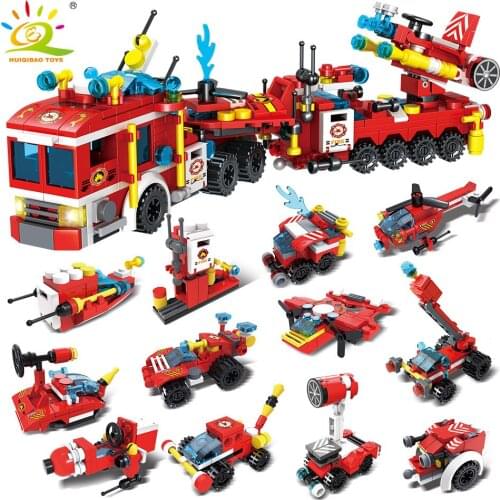 HUIQIBAO Toys 670pcs 12in1 Fire Rescue Engine Tow Truck Building Blocks For Children City Helicopter Ship Cars Bricks