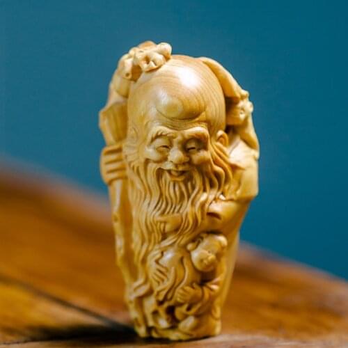 Boxwood Carving Handmade Figure Buddha Longevity Statue Pendant Home Decoration Solid Wood Crafts