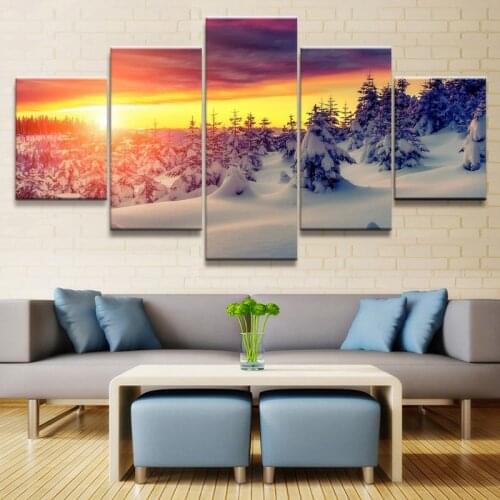 Canvas Painting Wall Art 5 Piece HD Fantasy Art sunset Snowy forest Pictures for Living Room Poster Paintings Home Decoration