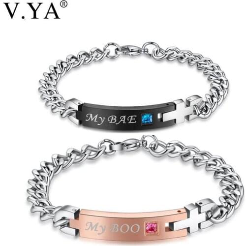 V.YA Fashion My Boo & My Bae Named Couple Bracelets Crystal Stone Charm for Men Women Jewelry Love Bracelets Link Chain Dropship