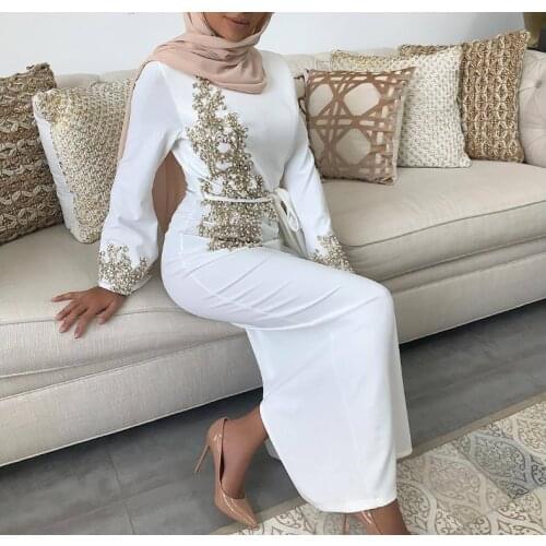 Muslim Womens Dress Fashionable and elegant embroidery lace nail bead flared sleeve lace up dress Moroccan Kaftan Islamic