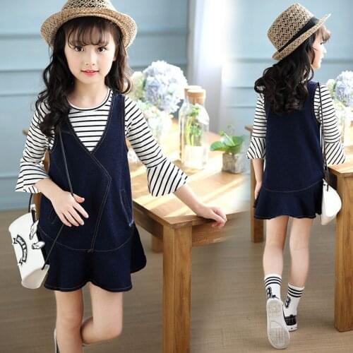 2017 New Girls Wear Striped Tees Shirts + Strap Dress,children Girl Dresses Clothes Sets Free Ship
