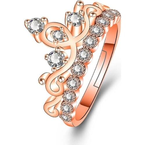 Wholesale 10 pcs Rose Gold Color Resizable Rings Crown Inlaid Crystal Stone Rings Fashion Party Wedding Jewelry for Women