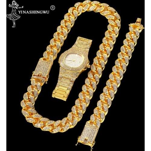 Hip Hop Gold Color Cuban Chain Necklaces+Bracelet Full Set Luxury Combination Of Watch & Necklace 2CM Width For Men Rapper Gift