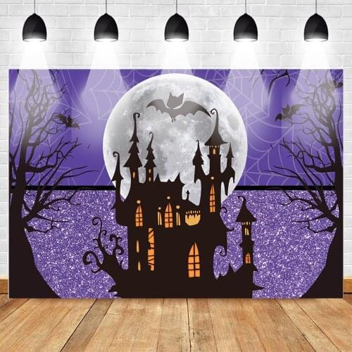 Celebration Halloween Photo Background Photocall Horror Castle Night Moon Old Trees Halloween Party Backdrop Spider Purple Style