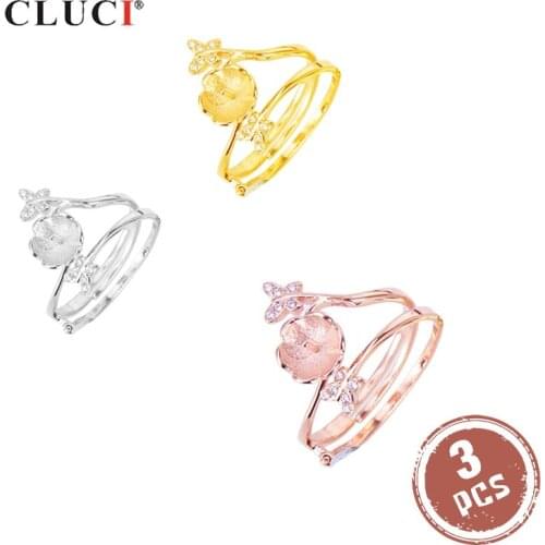 CLUCI 3pcs Silver 925 Zircon Butterfly Ring for Women 925 Sterling Silver Adjustable Open Ring for Pearl Jewelry Making SR2023SB