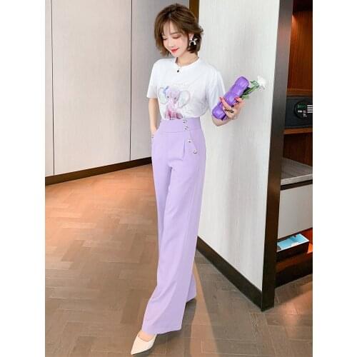 Tall waist pure color contracted symmetric buckle joker hang down object wide-legged pants 2021 spring new feeling