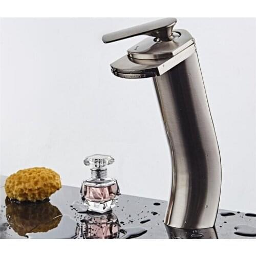 Brass long style basin faucet waterfall, Bathroom single hole sink basin faucet mixer, Copper wash basin faucet hot and cold