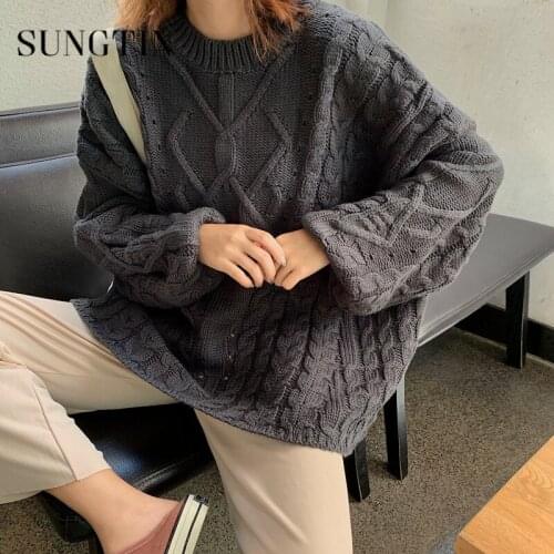 Sungtin Spring Korean Twist Loose Pullover Sweater Women Winter Casual Warm Argyle Sweater Female Vintage Oversize Jersey Mujer