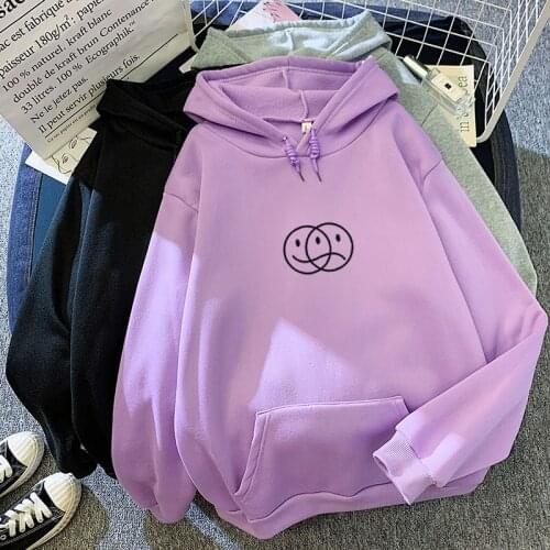 Autumn and Winter Candy-Colored Sweatshirt Smiley Face Crying Face Printing Pattern Hooded Winter Tops for Women 2020 Fall