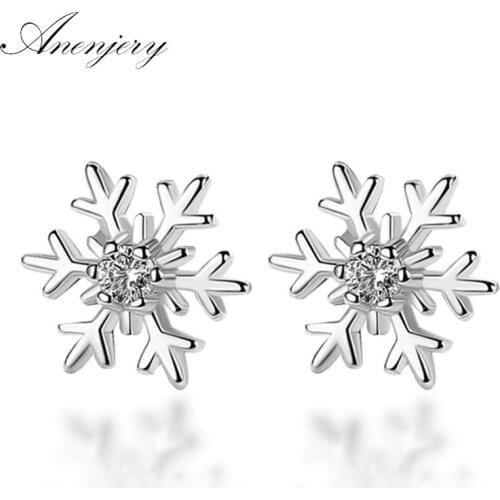 ANENJERY 925 Sterling Silver Hollow Snowflake Zircon Flower Stud Earrings For Women Christmas Gift brincos oorbellen S-E267