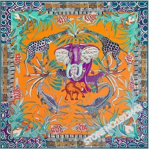 2017 100% silk Scarf shawl wrap hijab women luxury Elephant paying homage pattern satin muslim foulard femme Scarves 130*130CM