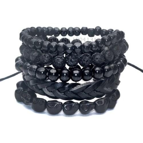 5pcs/set Leather Bracelet for Men Fashion Natural Stone Beads Adjustable Bracelets Black Out Bamboo wood Lava Stone Bracelet