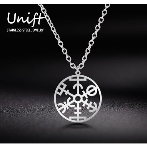 Unift Retro Stainless Steel Viking Rune Compass Pendant Necklace For Men Women Pagan Amulet Nordic Jewelry Gothic Accessories