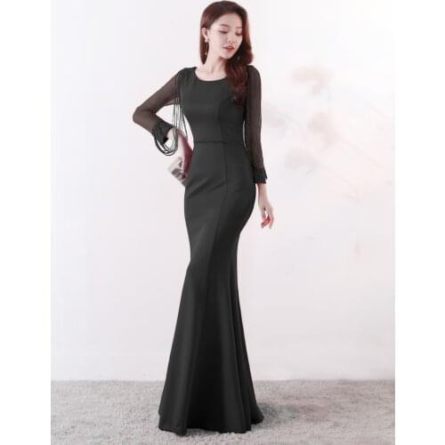 Black Formal Muslim Evening dress Long sleeve Zipper back O-neck Empire Party Gowns Elegant Floor-length Beading Prom dresses