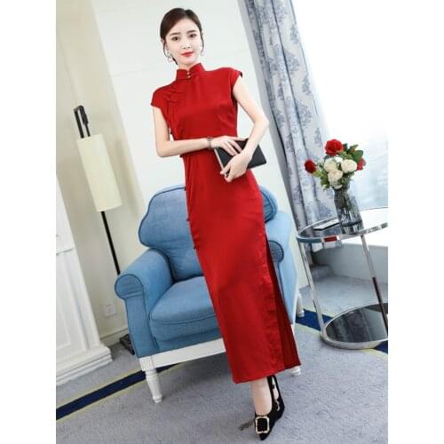 Elegant Womens Chinese Wedding Cheongsam Red Evening Long Dress Satin Classic Vintage Oriental Modern Hanfu Qipao Party Dresses