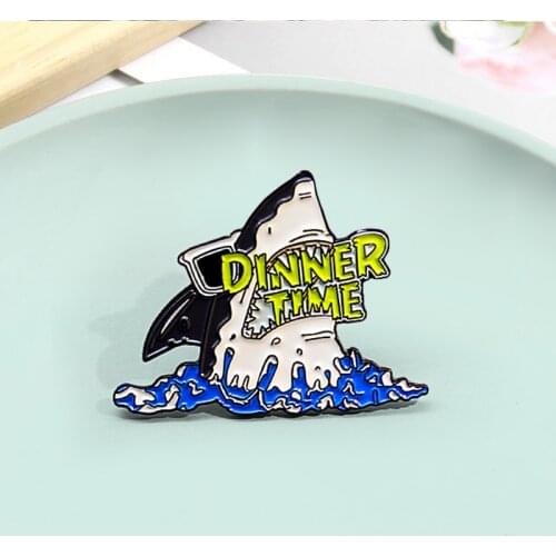 DINNER TIME Whale Shark Enamel Pins Travel vacation Shark Fish Badges Denim Shirt Lapel Pin Cartoon Funny Jewelry Gift for Kids