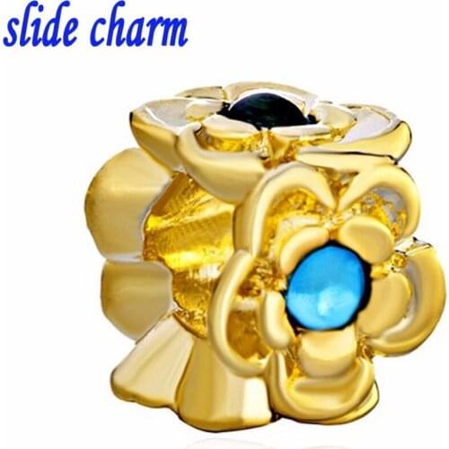 Slide charm Free shipping product gilded plum beads fit Pandora bracelets and charm bracelets jewelry accessories