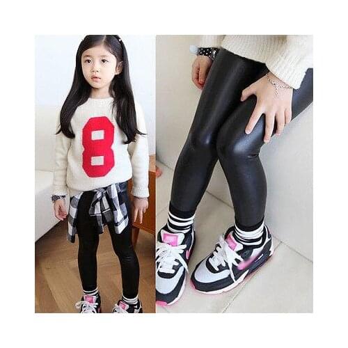2016 Hot Baby Girls Kids Stretchy Faux PU Leather Skinny Black Pants Leggings Trousers
