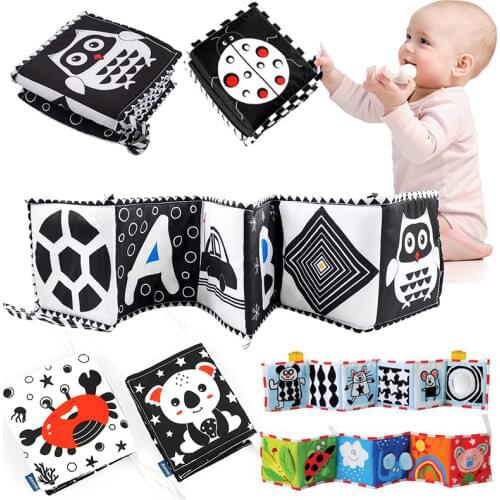 Baby Sensory Toys Cloth Book Newborn Bed Sticker Crib Bumper Black and White Animal Story Quiet Books Montessori Kid Infant Book