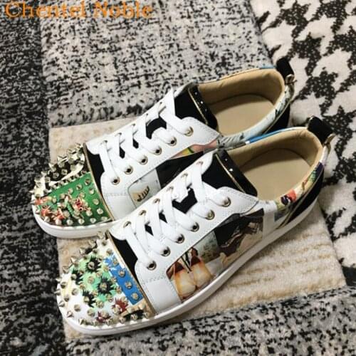 Brand Chentel Comfortable Random Pattern Spikes Fashion Men Casual Shoes Party Dress Flats Lace-Up Patchwork Sneakers Big Size