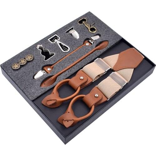 Mens Vintage Leather Suspenders Clip Button Hook Suspenders Adjustable Elastic Trouser Braces Straps Father Husband Gifts