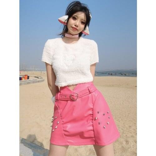 Original Design A Line Pink Faux Leather PU Skirt Heart Belt Sweet Punk Rivet Hot Girls Y2K High Waist Mini Skirt