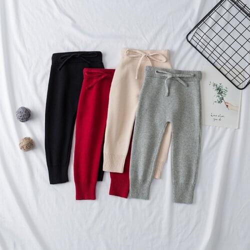 Autumn Baby Girls Knitting Long Pants For Child Girls Solid Knitted Infant Kids Black Grey Warm Legging Trousers 1 2 3 4 5 Year