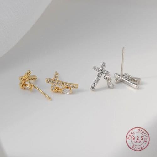 925 Sterling Silver Korean Exquisite Pavé Crystal Cross Stud Earrings Women Fashion Elegant Daily Jewelry