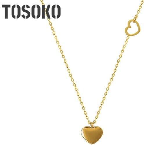 TOSOKO Fashion Jewelry Mini Double Peach Heart Clavicle Necklace For Women Titanium Steel Plated Stainless Steel Necklace BSP221