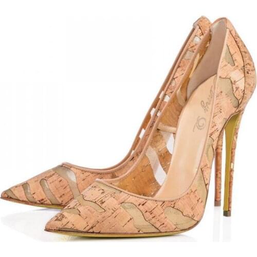 Pumps Heels Pointed Toe Single Shoes For Women Leather Stitching Thin High Heel Wood Grain Breathable Party Dress Shoes Sandals