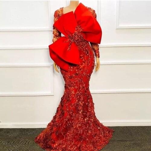Nigerian Red Lace Evening Dresses For Women Long Sleeves Bow Bow Appliques Plus Size Prom Dress Aso Ebi Dubai Formal Party Gowns