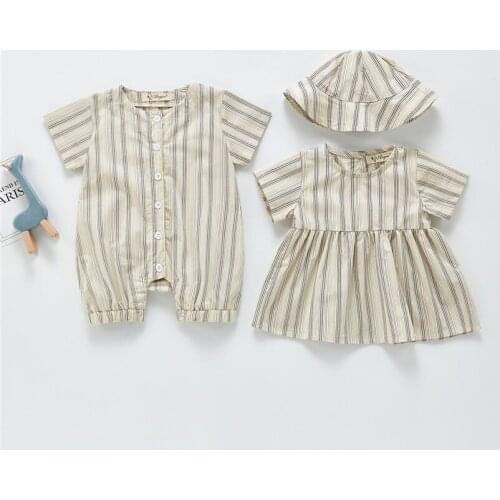 Vintage Khaki Stripe Boy and Girls Romper Summer Short Sleeve Kids Jumpsuit for Toddler Girls Clothing Children Beach Clothes