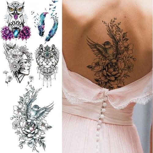 Feather Birds Temporary Tattoo Sticker For Women Girls Realistic Owl Lion Fake Tattoo Sticker Back Body Art Tatto Magpie Swallow