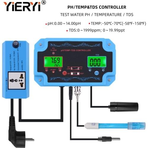 Yieryi 3 In 1 PH/TDS/TEMP Water Quality Detector Meter PH Controller with Electrode BNC Type Probe for Aquarium Swimming Pool