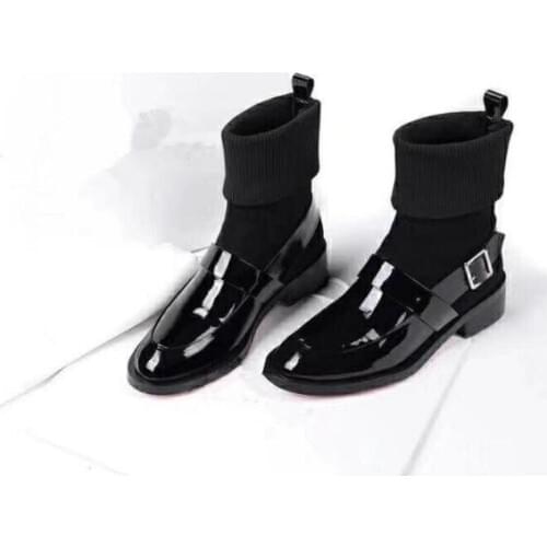 Sestito 2019 The Latest Female Patchwork Round Toe Ankle Boots Woman Shinning Patent Leather Slip-on Square Low Heels Shoes Lady