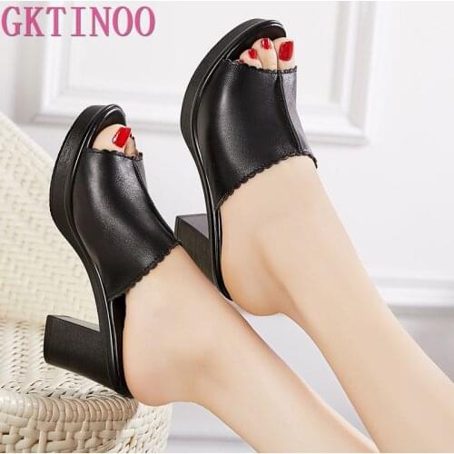 GKTINOO Women Slippers 2020 Ladies Summer Slippers Shoes Women High Heels Fashion Summer Genuine Leather Shoes