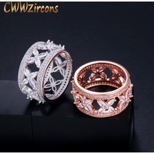 CWWZircons Vintage Rose Gold Love Leaf Shape CZ Crystal Big Wide Finger Rings for Women Engagement Wedding Party Jewelry R137